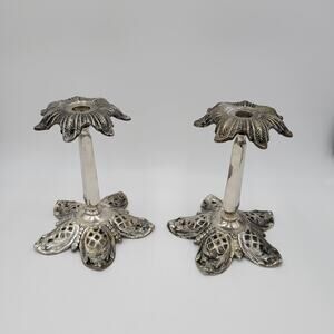 Vintage Home Decorative Silver Metal Candle Holder 7"‎ Floral Design Set of 2